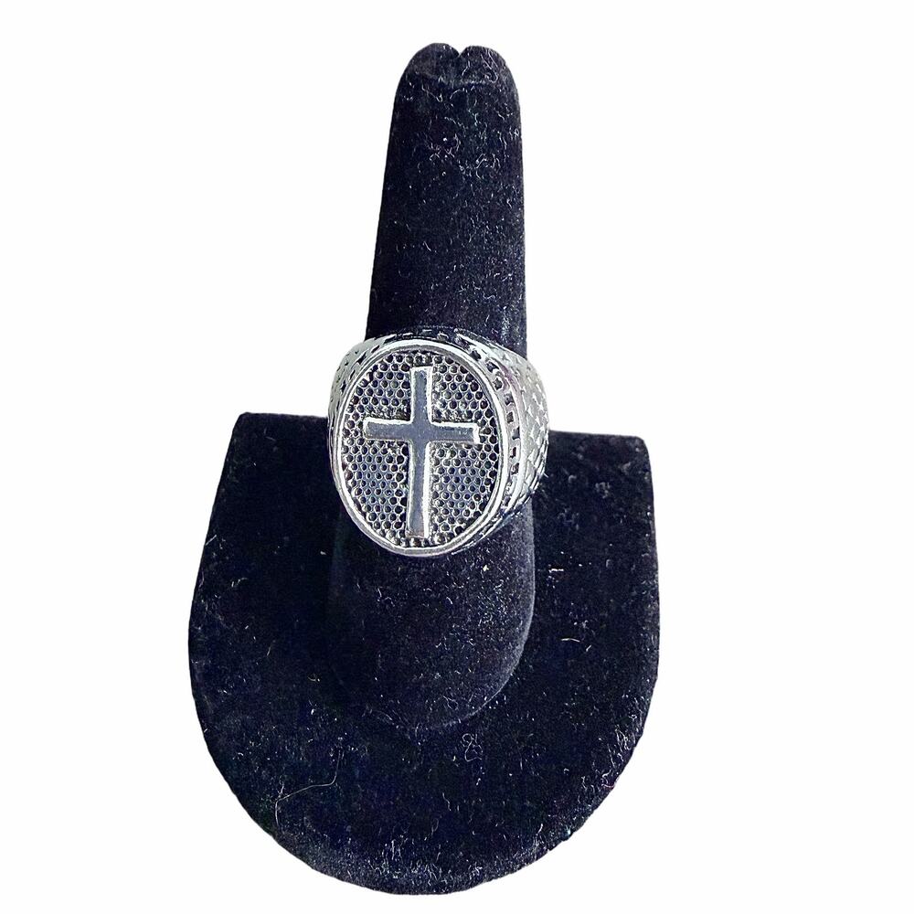 Silver tone cross statement gothic religious open ring - size 9